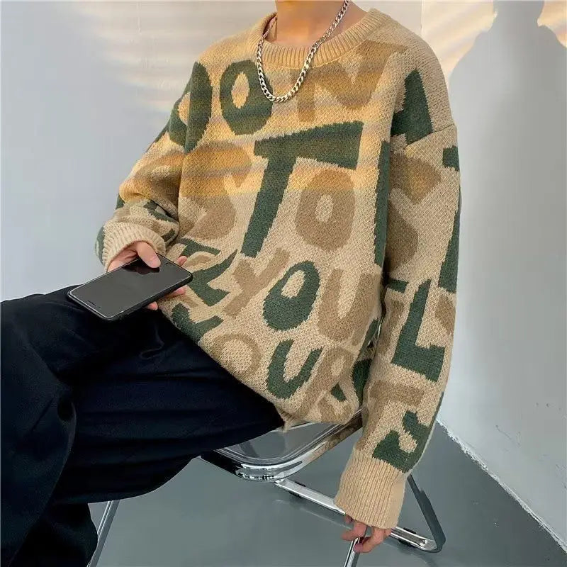 Autumn Winter Men's Trendy Vintage Letter Streetwear Knitted Sweater Y2K Youth Casual Round Neck Long Sleeve Loose Pullover Tops