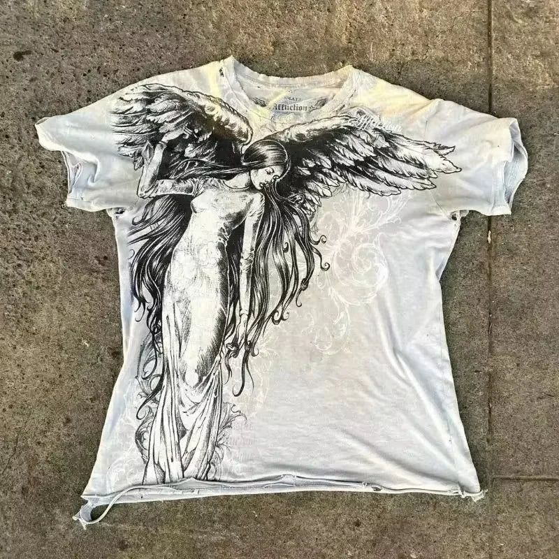 Classic Y2K Gothic Style T-shirt Print Oversized T Shirt High Street Shirts Gothic Round Neck Cotton Tops New Mens Women T Shir