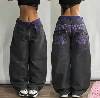 American New Fashion Oversized Print Black Old Baggy Jeans Women Y2K Harajuku Hip Hop Popular Casual Joker Wide-leg Pants