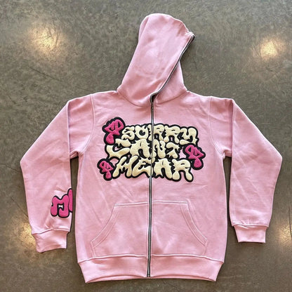 Fashion Long-sleeved Zipper Top Casual Men Hoodies Harajuku Jacket Letter Print Coat Men Jackets Pink Zip Hooded Sweatshirt Suit