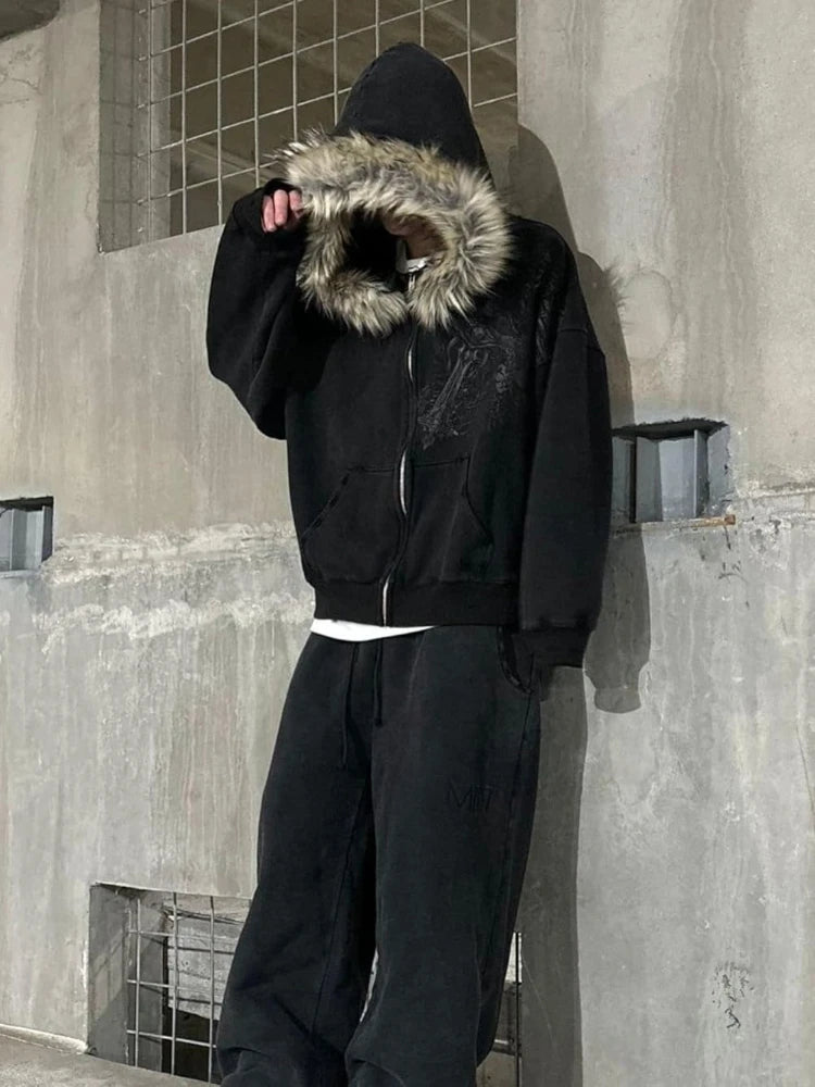 2000s Vintage Therian Fur Hood Jacket Y2k Goth Zip Up Hoodie Oversized Graphic Sweatshirt Emo Grunge Streetwear Fall Winter 2026