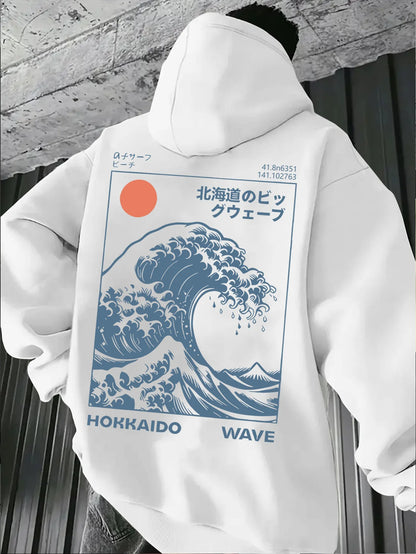 A men's hoodie with a retro style inspired by the refreshing sea waves at sunrise in an American style men's clothing streetwear