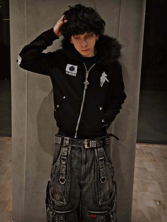 Y2K Japanese Harajuku Streetwear European Youth Rivet Fashion Wool Pullover Men's Urban Casual Hooded Hip-Hop Printed Sweatshirt