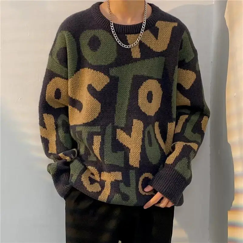 Autumn Winter Men's Trendy Vintage Letter Streetwear Knitted Sweater Y2K Youth Casual Round Neck Long Sleeve Loose Pullover Tops
