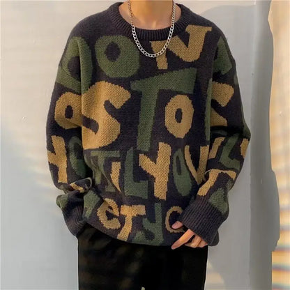 Autumn Winter Men's Trendy Vintage Letter Streetwear Knitted Sweater Y2K Youth Casual Round Neck Long Sleeve Loose Pullover Tops