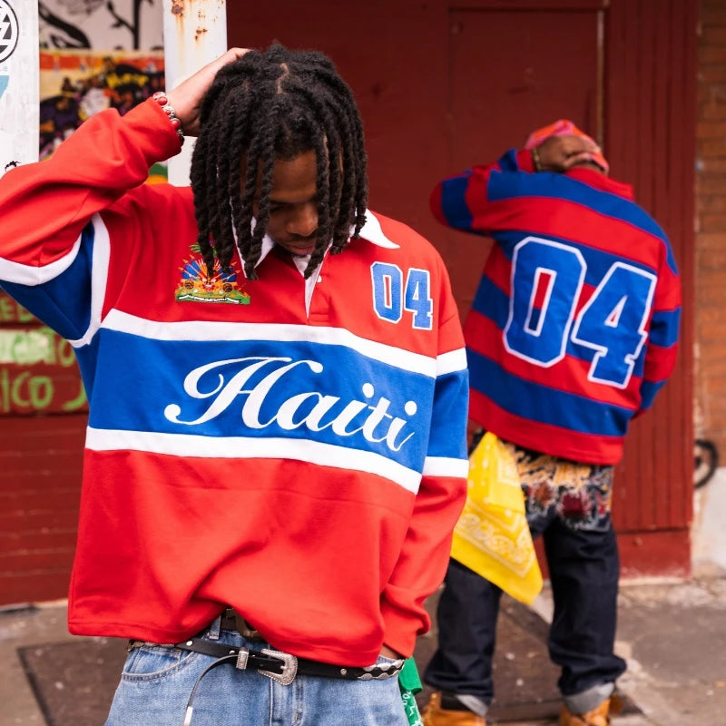 Mens Polo Shirt Harajuku Y2K Streetwear Striped Contrast Rugby Polo Long Sleeve Haiti Embroidery Loose Fit Casual Unisex Fashion