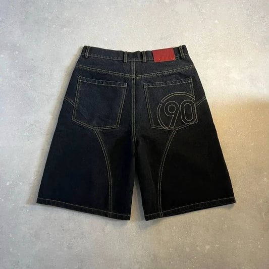 Y2K American Vintage Denim Shorts Embroidery Number 90 Pattern Bright Line Street Shorts Hip Hop Harajuku Unisex Wide Leg Pant