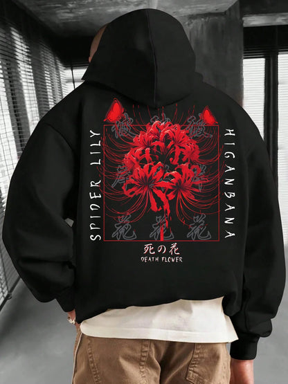 Streetwear Y2K trendy hip-hop style spider lily print men's autumn/winter hooded sweatshirt, fashionable, casual, loose fit.