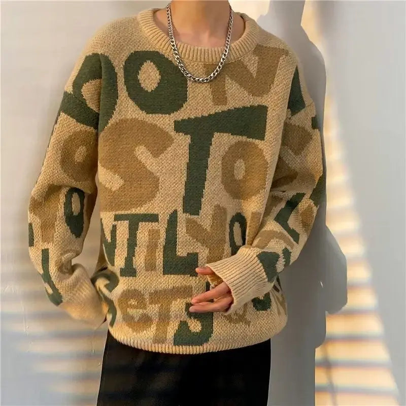 Autumn Winter Men's Trendy Vintage Letter Streetwear Knitted Sweater Y2K Youth Casual Round Neck Long Sleeve Loose Pullover Tops