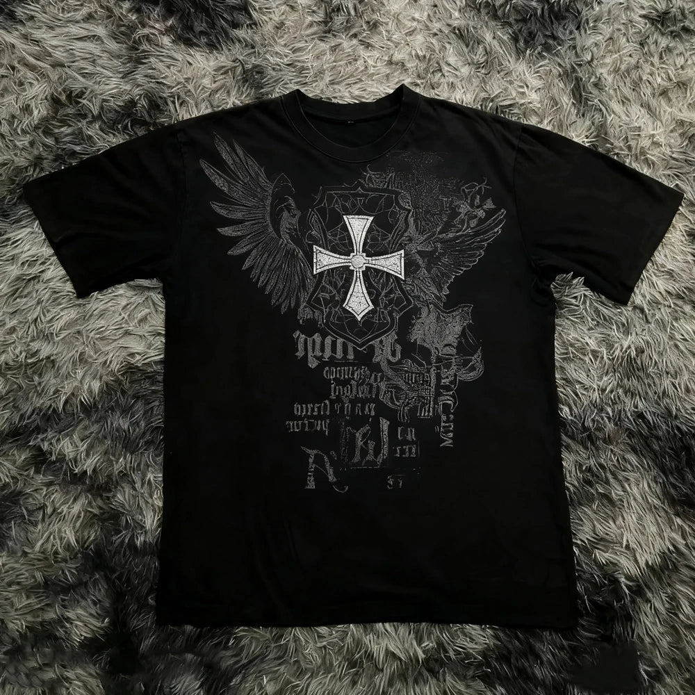 Classic Y2K Gothic Style T-shirt Print Oversized T Shirt High Street Shirts Gothic Round Neck Cotton Tops New Mens Women T Shir
