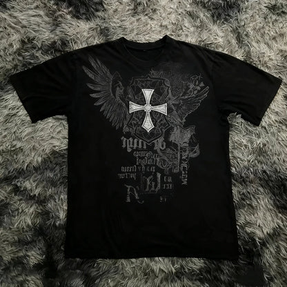 Classic Y2K Gothic Style T-shirt Print Oversized T Shirt High Street Shirts Gothic Round Neck Cotton Tops New Mens Women T Shir