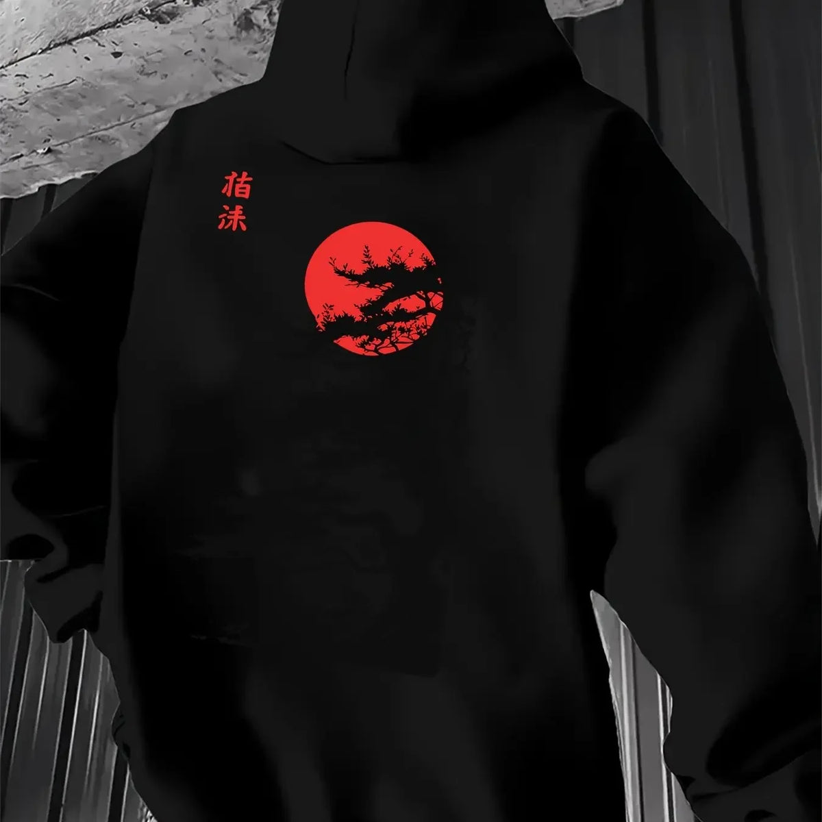 Men's Japanese Red Sun Pine Tree Graphic Hoodie Sweatshirt Sumi-e Ink Art Print Oriental Streetwear Oversized Pullover Autumn
