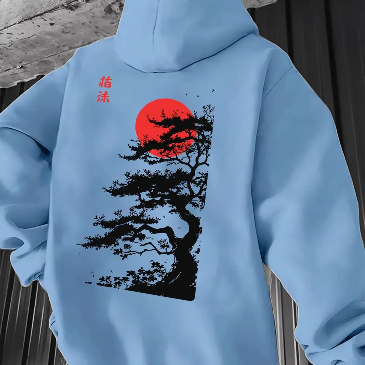 Men's Japanese Red Sun Pine Tree Graphic Hoodie Sweatshirt Sumi-e Ink Art Print Oriental Streetwear Oversized Pullover Autumn