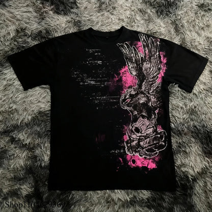 Classic Y2K Gothic Style T-shirt Print Oversized T Shirt High Street Shirts Gothic Round Neck Cotton Tops New Mens Women T Shir