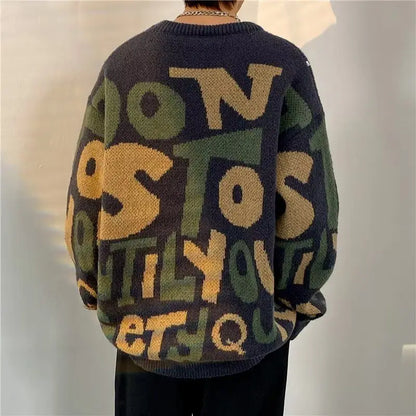 Autumn Winter Men's Trendy Vintage Letter Streetwear Knitted Sweater Y2K Youth Casual Round Neck Long Sleeve Loose Pullover Tops