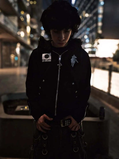 Y2K Japanese Harajuku Streetwear European Youth Rivet Fashion Wool Pullover Men's Urban Casual Hooded Hip-Hop Printed Sweatshirt