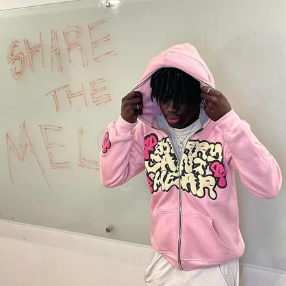Fashion Long-sleeved Zipper Top Casual Men Hoodies Harajuku Jacket Letter Print Coat Men Jackets Pink Zip Hooded Sweatshirt Suit