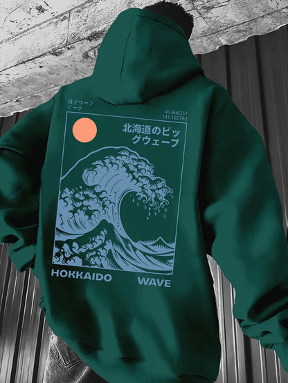 A men's hoodie with a retro style inspired by the refreshing sea waves at sunrise in an American style men's clothing streetwear