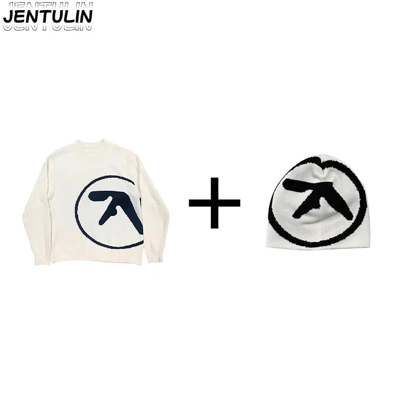 Men's Clothing Sweater And Cap Woman Y2K Aphex Twin Knit Set Pullovers Gothic Winter Graphic Streetwear Long Sleeve Tops Vintage