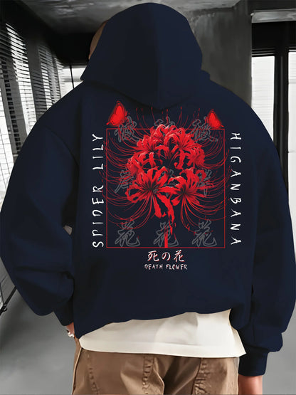 Streetwear Y2K trendy hip-hop style spider lily print men's autumn/winter hooded sweatshirt, fashionable, casual, loose fit.
