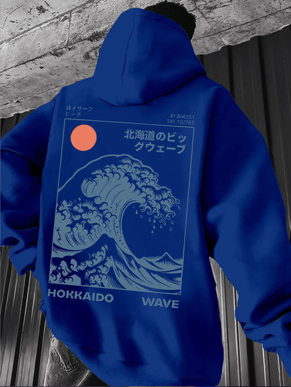 A men's hoodie with a retro style inspired by the refreshing sea waves at sunrise in an American style men's clothing streetwear