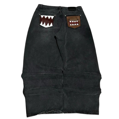 Washed Black Baggy Men Monster Tooth Embroidery Jeans Pocket Wide Leg Denim Pants Y2k Streetwear Hip Hop Loose Trousers Unisex